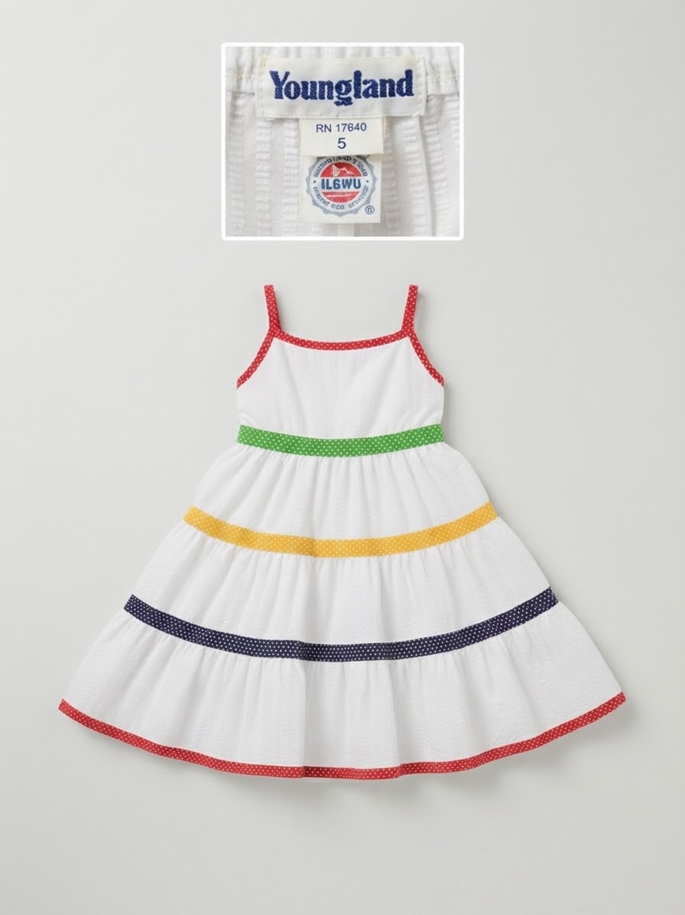Vintage 70s/80s Union Tag Youngland White Rainbow Polka Dot Tiered Sundress  5